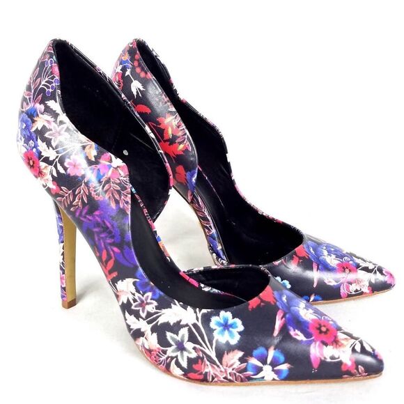Bebe Farnaz Floral Print Pointed Toe Scallop Edge Stiletto Heels Size 8 - Picture 2 of 7